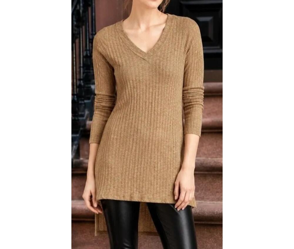 Anthropologie Deletta Women's Tunic Top Tan Ribbed High-Low Sweater Dress Size M